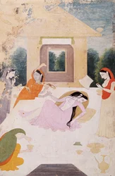 Een dame op een terras, wanhopig van onvervulde verlangens naar haar minnaar, haar bedienden kunnen haar niet troosten, Guler, Pahari School, ca. 1810